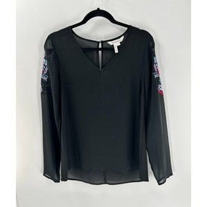 Women's BCBGeneration Black Sheer Top With Embroidered Sleeves Size S